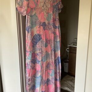 Floral Shell-Print Maxi Dress in Pink & Blue